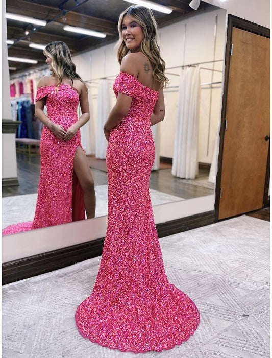 Prom Dresses Sparkle Shine Dress Formal Sleeveless One Shoulder Sequined with Slit