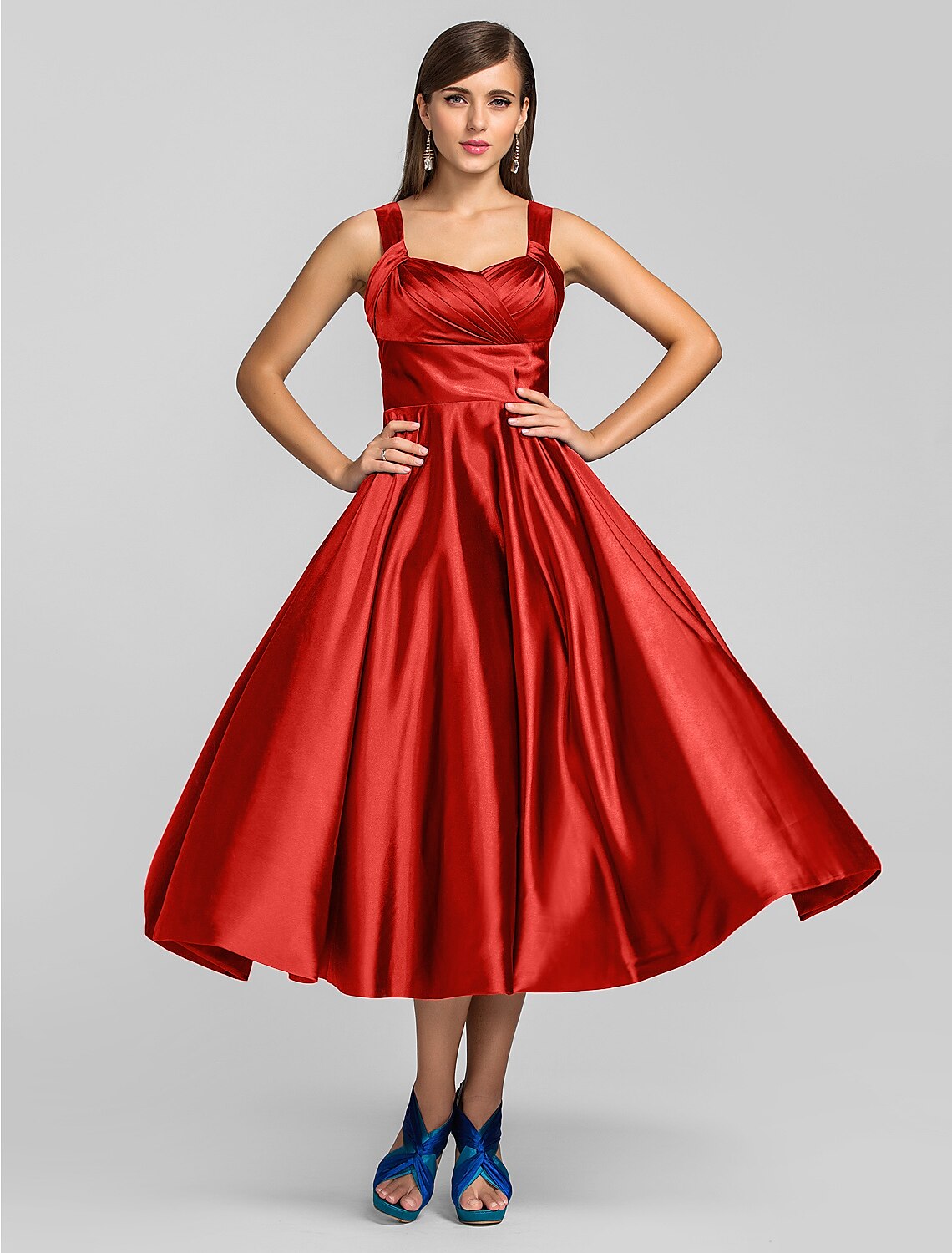 A-Line Minimalist Dress Wedding Guest Tea Length Sleeveless Square Neck Stretch Satin with Criss Cross