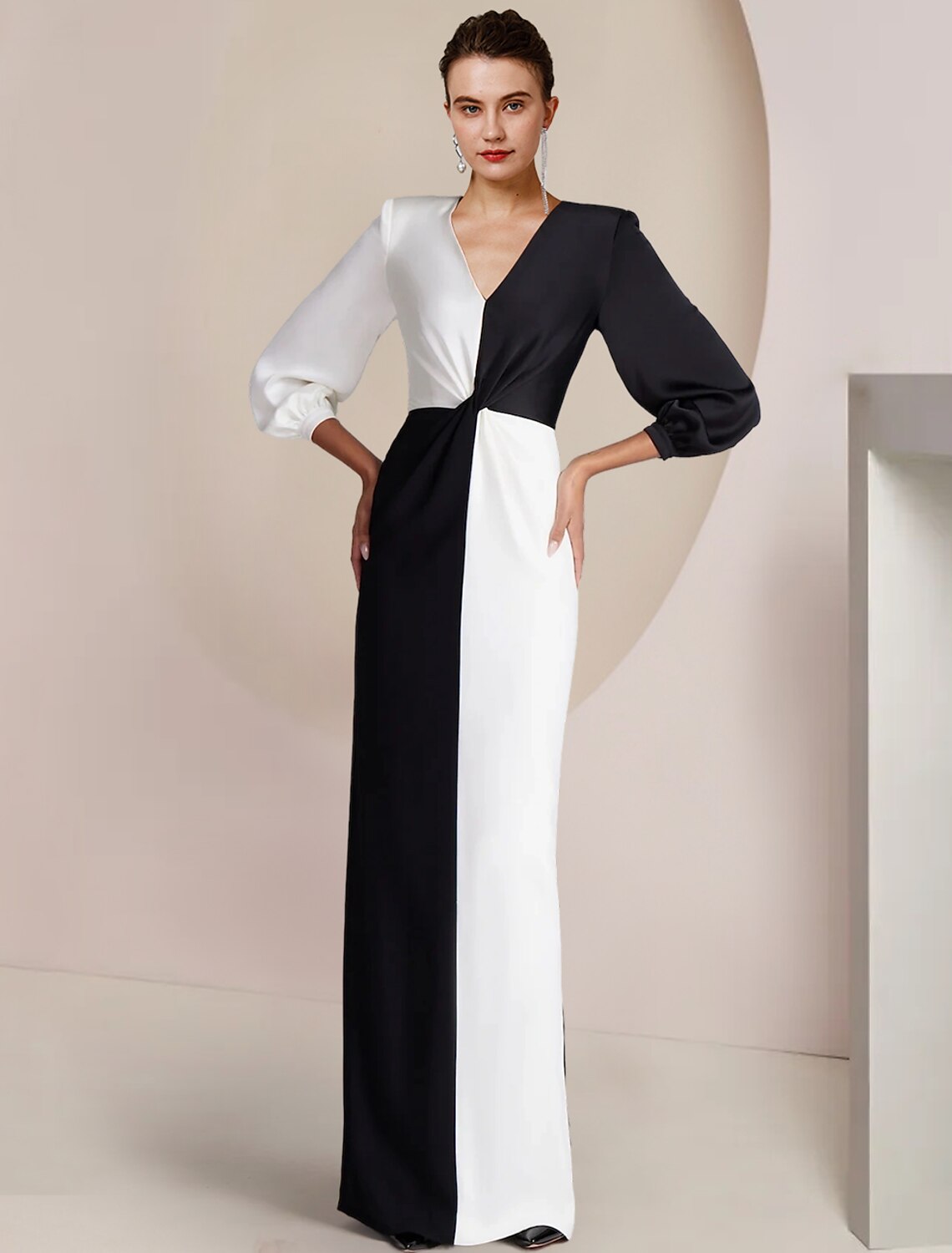 Sheath / Column Mother of the Bride Dress Formal Wedding Guest Party Elegant V Neck Floor Length Stretch Satin 3/4 Length Sleeve