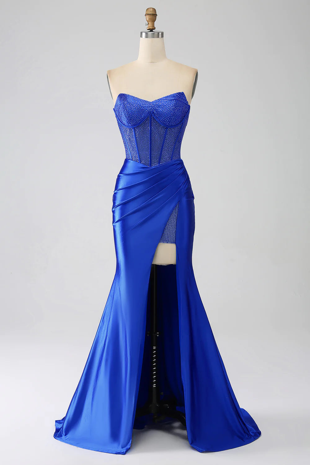 DingJiDress Mermaid Strapless Royal Blue Corset Prom Dress with Beading