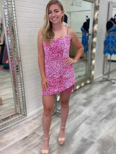DingJiDress Sexy Fitted Spaghetti Straps Sleeveless Short Velvet Sequin Prom Dress
