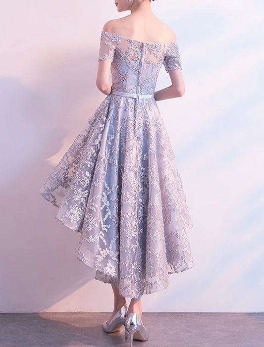A-Line Cocktail Dresses Minimalist Dress Homecoming Party Wear Asymmetrical Short Sleeve Off Shoulder Tulle with Bow(s) Pleats