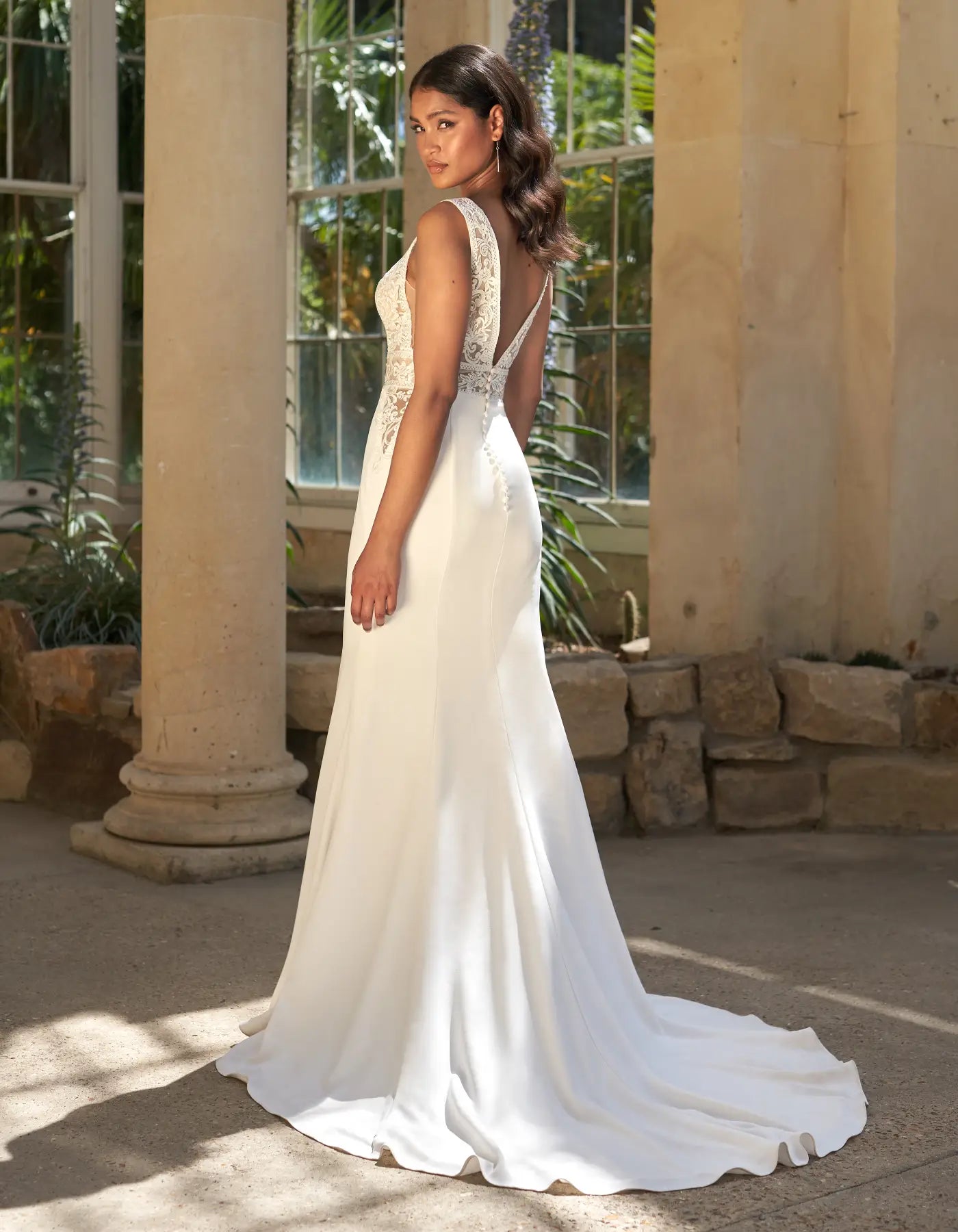 DingJiDress a crepe sheath gown with symmetrical taping details