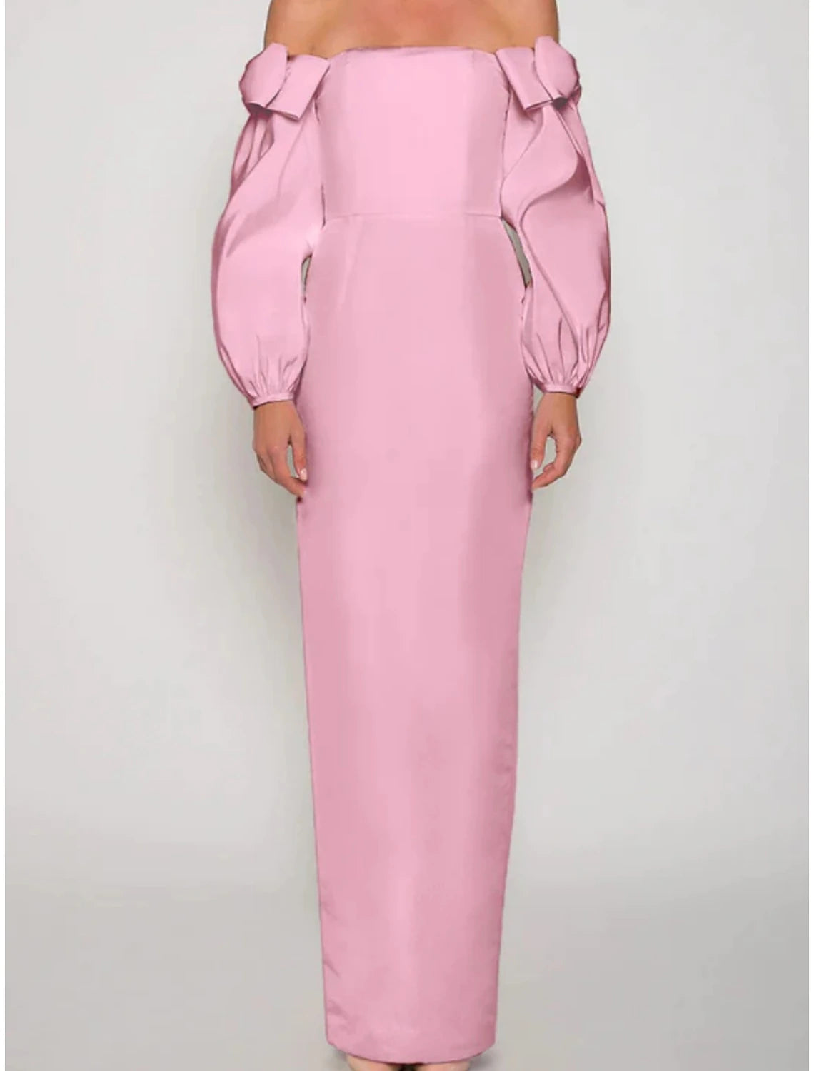 Sheath / Column Evening Gown Elegant Dress Formal Christmas Ankle Length Long Sleeve Off Shoulder Satin with Bow(s) Ruched