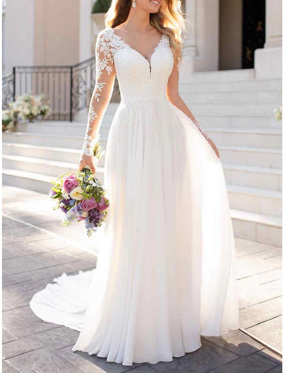 A-Line Prom Dresses Elegant Dress Wedding Guest Wedding Party Sweep / Brush Train Long Sleeve V Neck Chiffon with Appliques