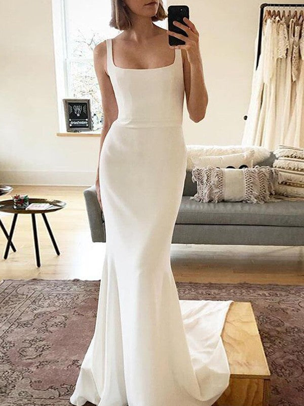 Sheath/Column Stretch Crepe Ruffles Straps Sleeveless Sweep/Brush Train Wedding Dresses