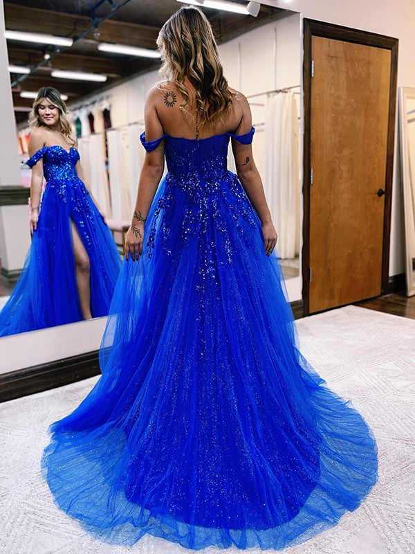 A-Line/Princess Tulle Applique Off-the-Shoulder Sleeveless Sweep/Brush Train Dresses