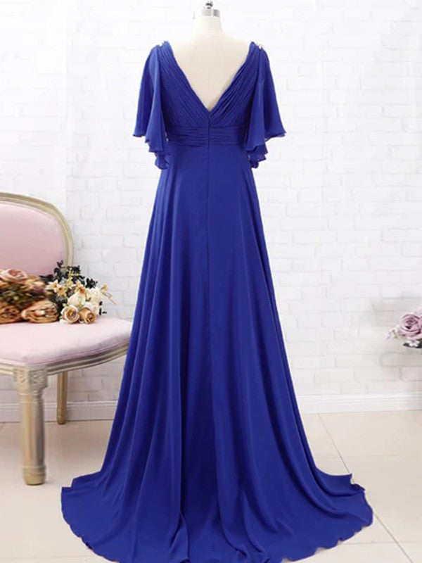 A-Line/Princess Chiffon Beading V-neck Short Sleeves Sweep/Brush Train Mother of the Bride Dresses