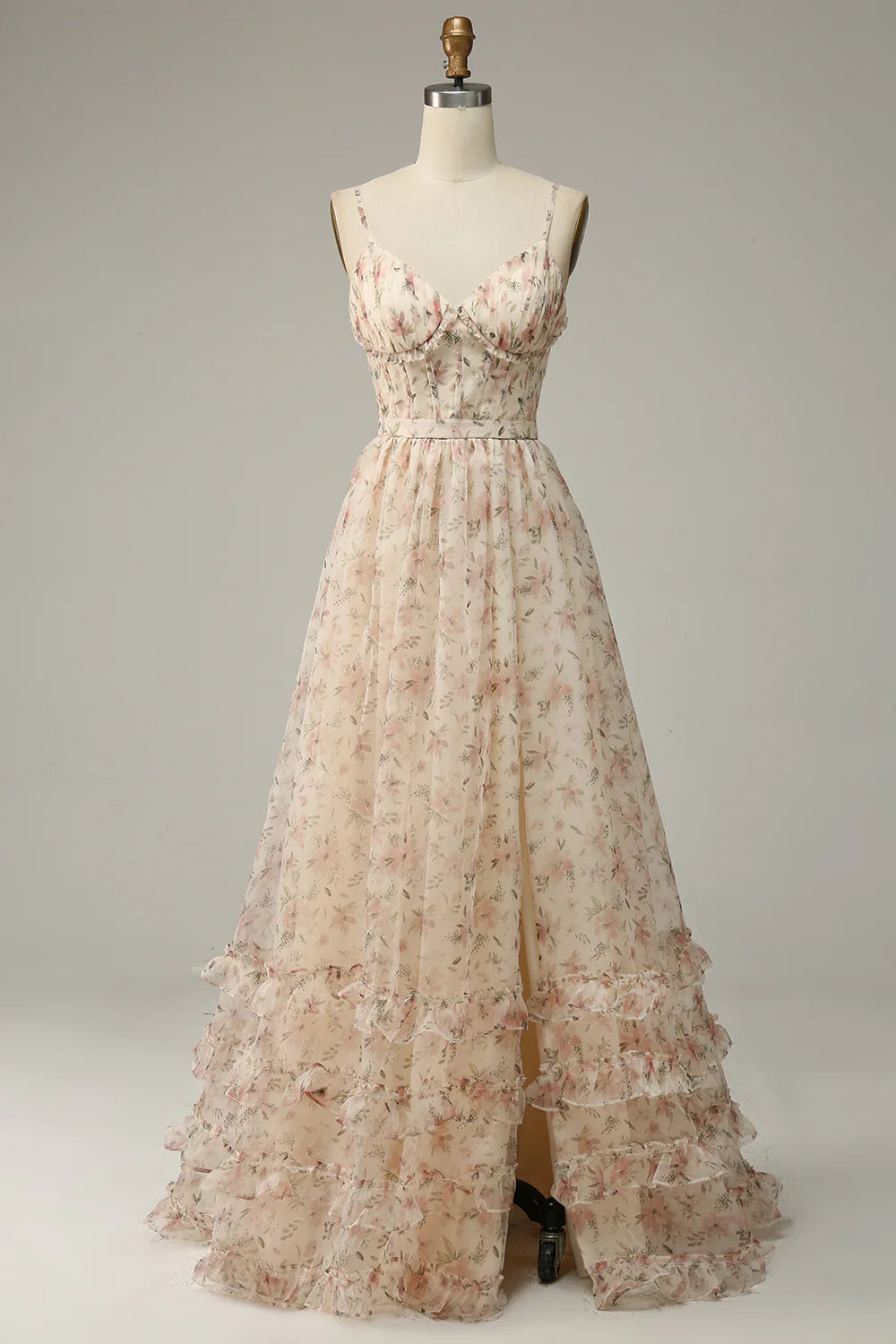 DingJiDress  Apricot A Line Print Prom Dress with Slit