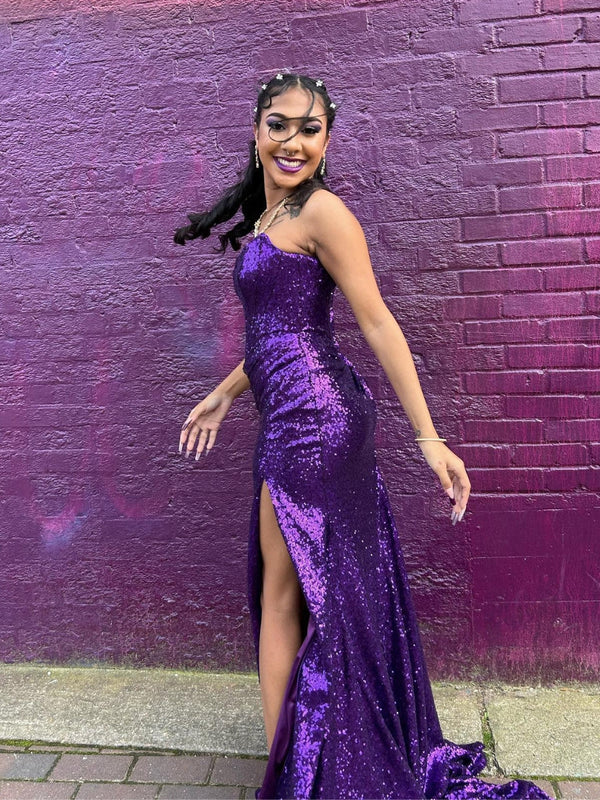 DingJiDress Strapless Slit Sequin Fitted Prom Dresses With Slit Prom Dresses