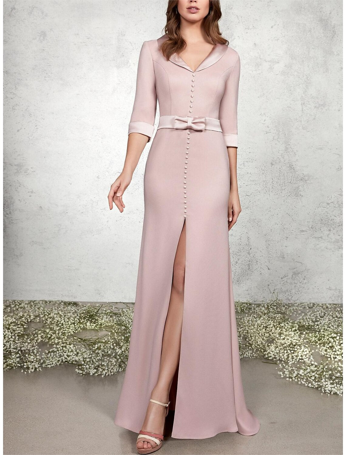 A-Line Mermaid / Trumpet Mother of the Bride Dress Formal Wedding Guest Elegant V Neck Floor Length Chiffon Satin Half Sleeve with Sash / Ribbon Bow(s) Buttons