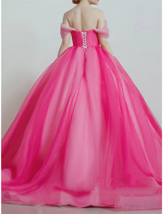 Ball Gown Prom Dresses Luxurious Dress Quinceanera Prom Sweep / Brush Train Short Sleeve Off Shoulder Organza with Sleek Pleats