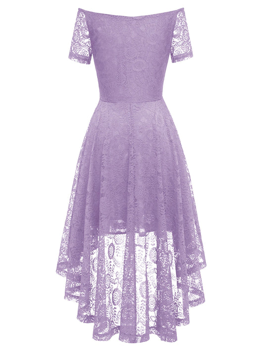 A-Line Cocktail Dresses Vintage Dress Graduation Party Wear Knee Length Short Sleeve Off Shoulder Lace with Pleats