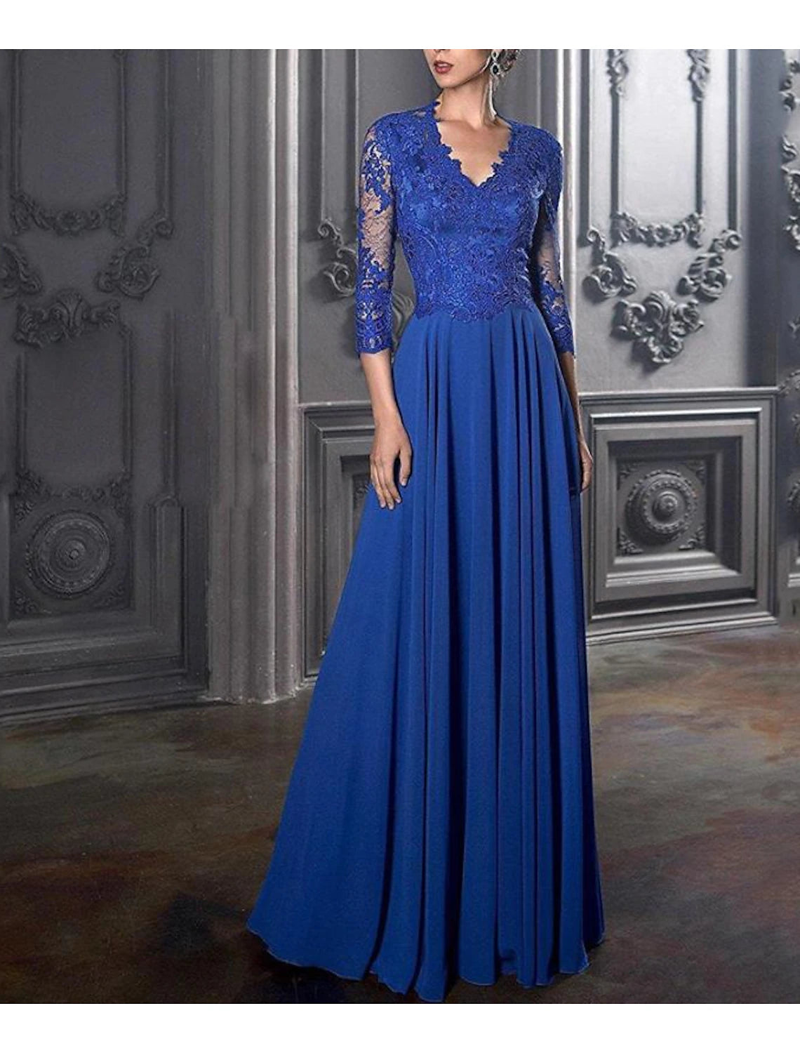 Sheath / Column Evening Gown Elegant Dress Wedding Guest Prom Floor Length 3/4 Length Sleeve V Neck Chiffon with Appliques