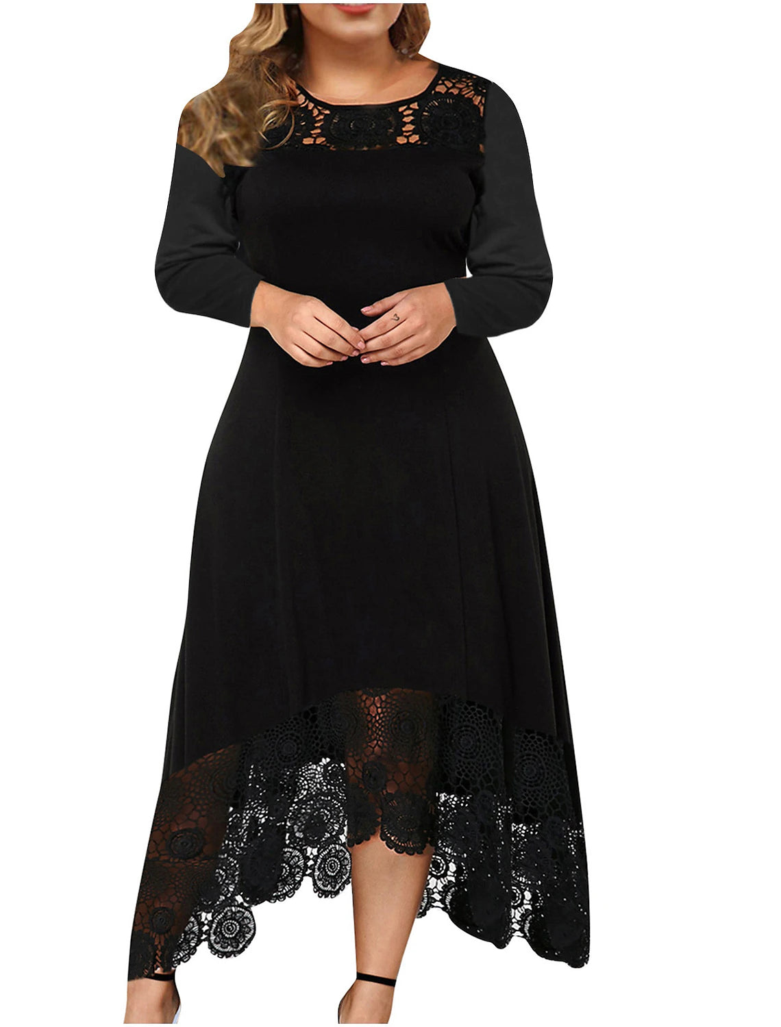 A-Line Cocktail Dresses Plus Size Dress Party Wear Wedding Guest Ankle Length Long Sleeve Jewel Neck Spandex with Lace