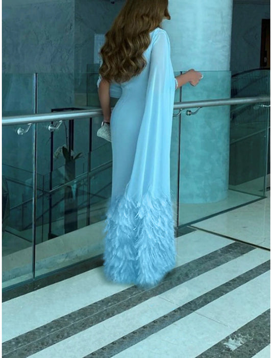 Sheath / Column Evening Gown Elegant Dress Formal Fall Sweep / Brush Train Sleeveless Cowl Neck Chiffon with Feather Ruched Slit