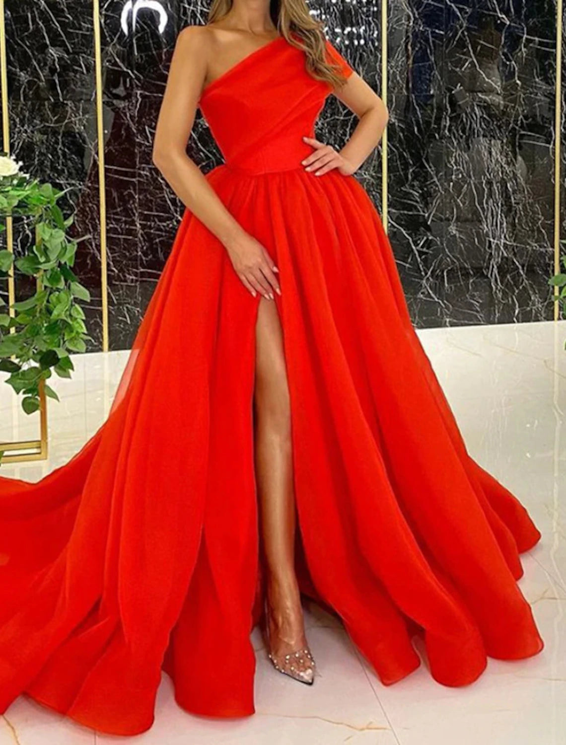 Ball Gown Evening Gown Celebrity Style Dress Wedding Guest Birthday Court Train Sleeveless One Shoulder Wednesday Addams Family Organza