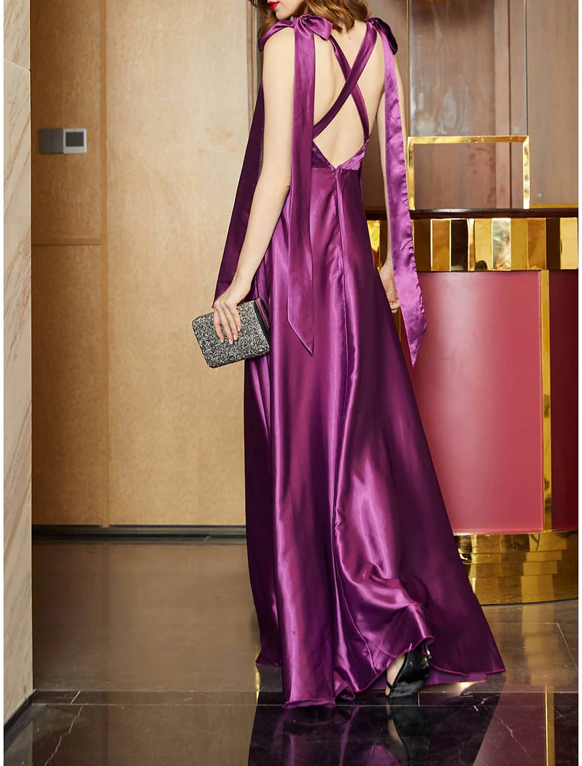 A-Line Party Dresses Open Back Dress Holiday Wedding Guest Floor Length Sleeveless Square Neck Bridesmaid Dress Satin Backless with Strappy