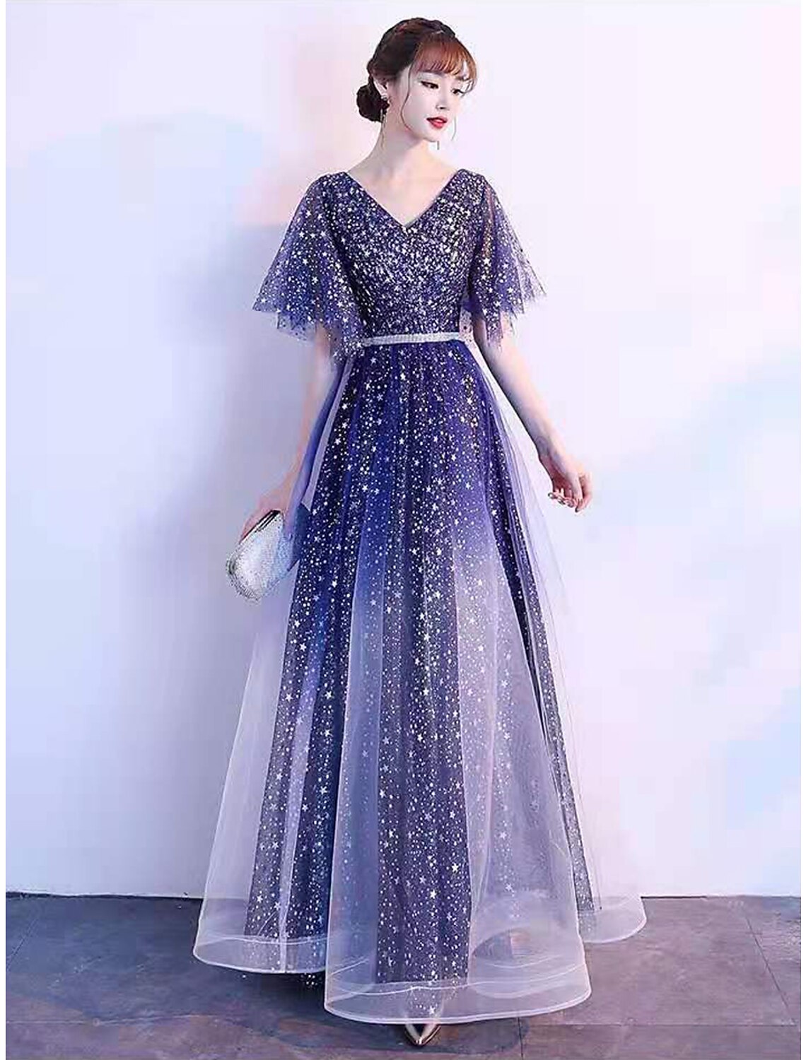 A-Line Ombre Prom Birthday Dress V Neck Short Sleeve Floor Length Tulle with Sash / Ribbon Crystals