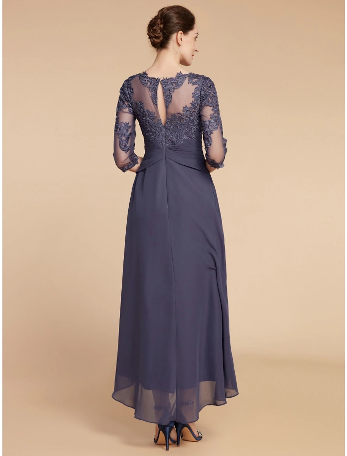A-Line Mother of the Bride Dress Wedding Guest Elegant Scoop Neck Ankle Length Chiffon Lace 3/4 Length Sleeve with Ruching