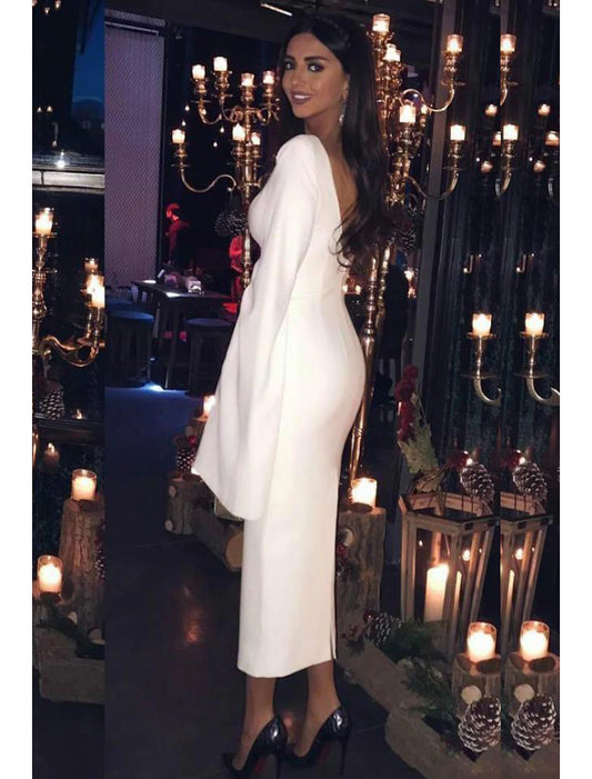 Sheath / Column Cocktail Dresses Party Dress Holiday Tea Length Long Sleeve Jewel Neck Fall Wedding Guest Jersey Backless
