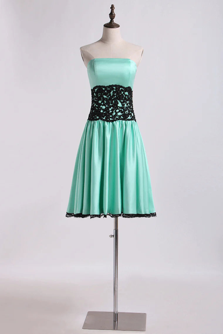 DingJiDress Bridesmaid Dresses Strapless A Line Tea Length Elastic Satin