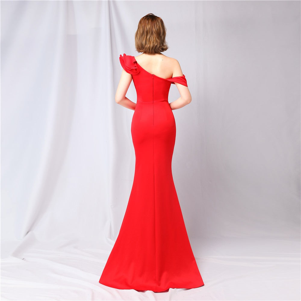 Evening Gown Dress Wedding Guest Floor Length Short Sleeve One Shoulder Stretch Satin with Ruffles