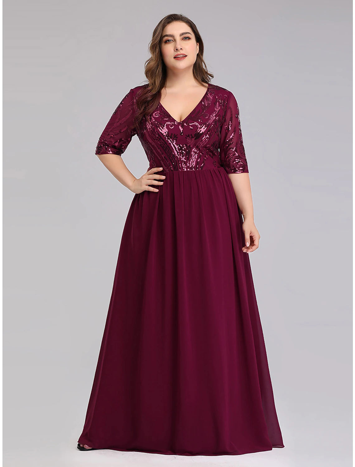 A-Line Prom Dresses Plus Size Dress Wedding Guest Floor Length Half Sleeve Plunging Neck Chiffon with