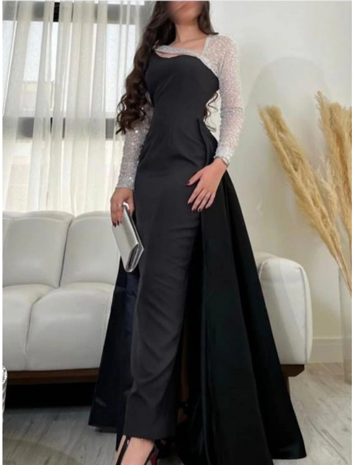Sheath / Column Evening Gown Elegant Dress Formal Floor Length Black Dress Long Sleeve Scoop Neck Satin with Pleats Sequin