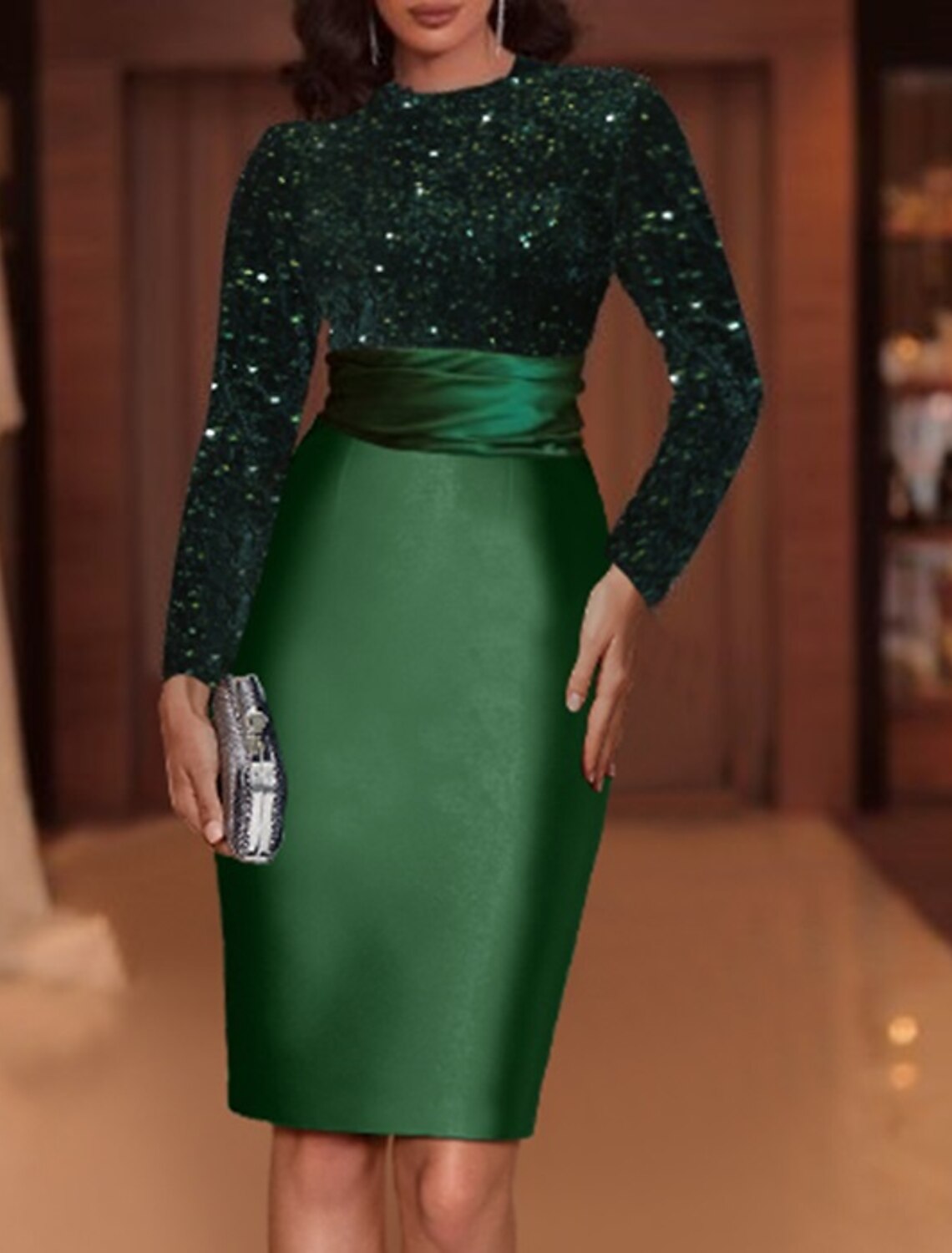 Sheath Evening Gown Elegant Dress Red Green Dress Knee Length Long Sleeve High Neck Satin with Sequin