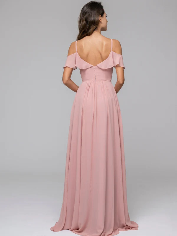 Cold Shoulder Open Back Chiffon Ruffles Long Bridesmaid Dresses