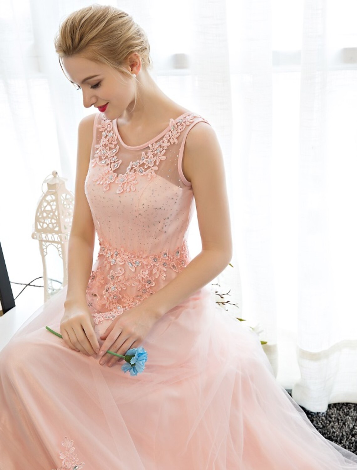 Sheath / Column Dress Wedding Guest Floor Length Sleeveless Illusion Neck Satin with Crystals Appliques