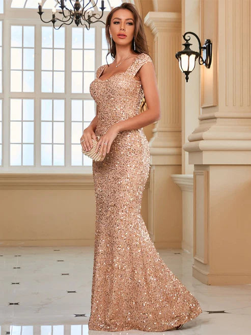 DingJiDress Sweetheart Cap Sleeves Sequin Evening Dresses