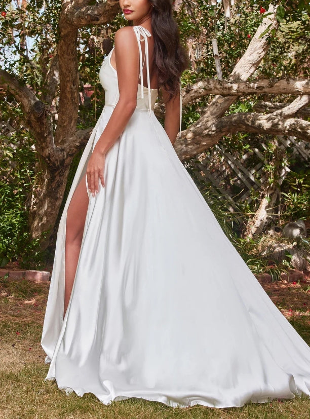 DingJiDress Wedding Dress December Wedding A-Line Satin Gown Cowl Neck Bodice Delicate Spaghetti Straps Open Back Floor Length Skirt Side Leg Slit Sweep train Back Zipper Dress