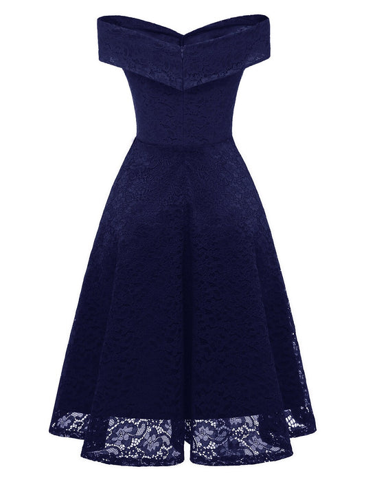 A-Line WE Party Dress Holiday Graduation Knee Length Short Sleeve Off Shoulder Bridesmaid Dress Lace with Pleats