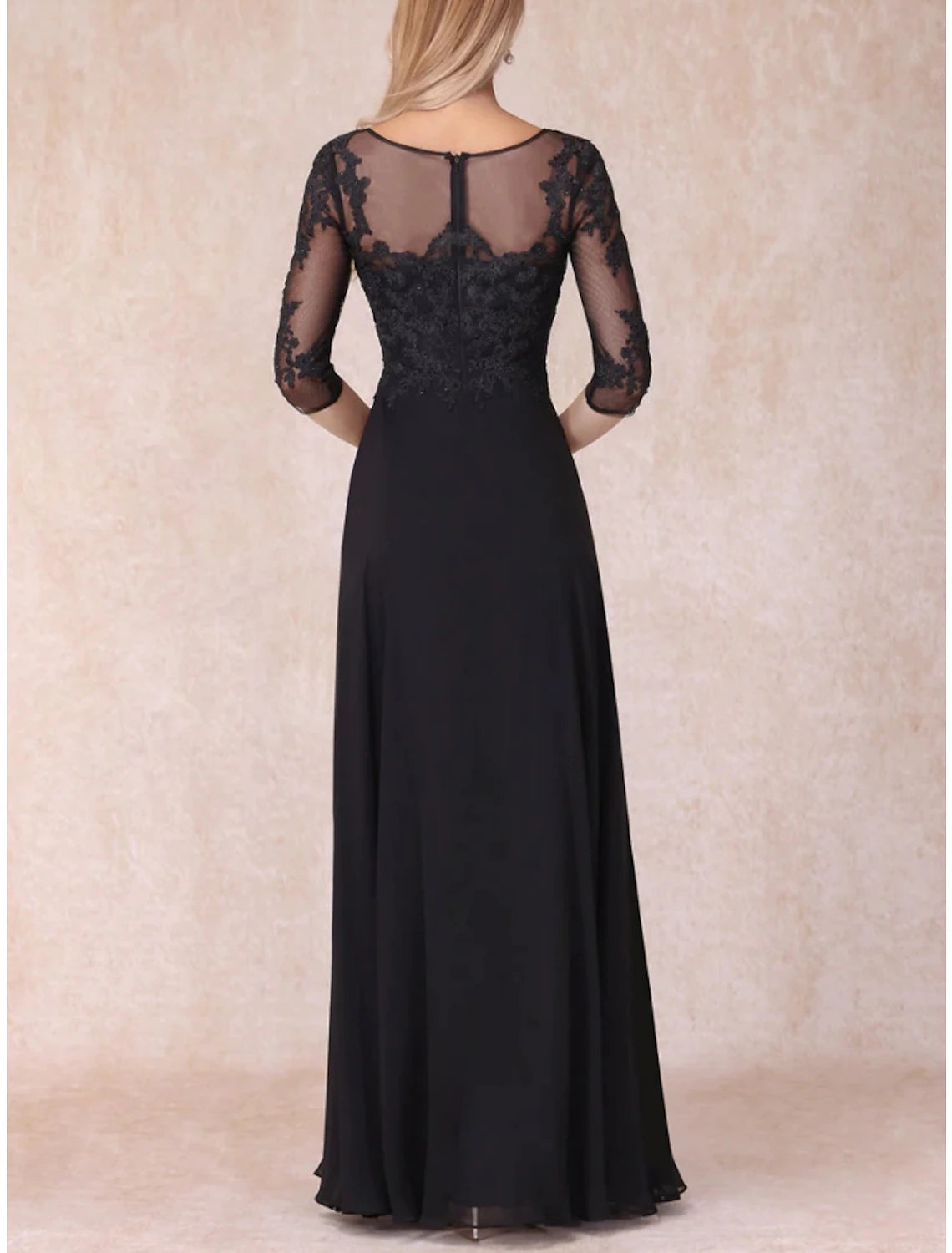 A-Line Mother of the Bride Dress Wedding Guest Elegant V Neck Floor Length Chiffon Lace 3/4 Length Sleeve with Ruching
