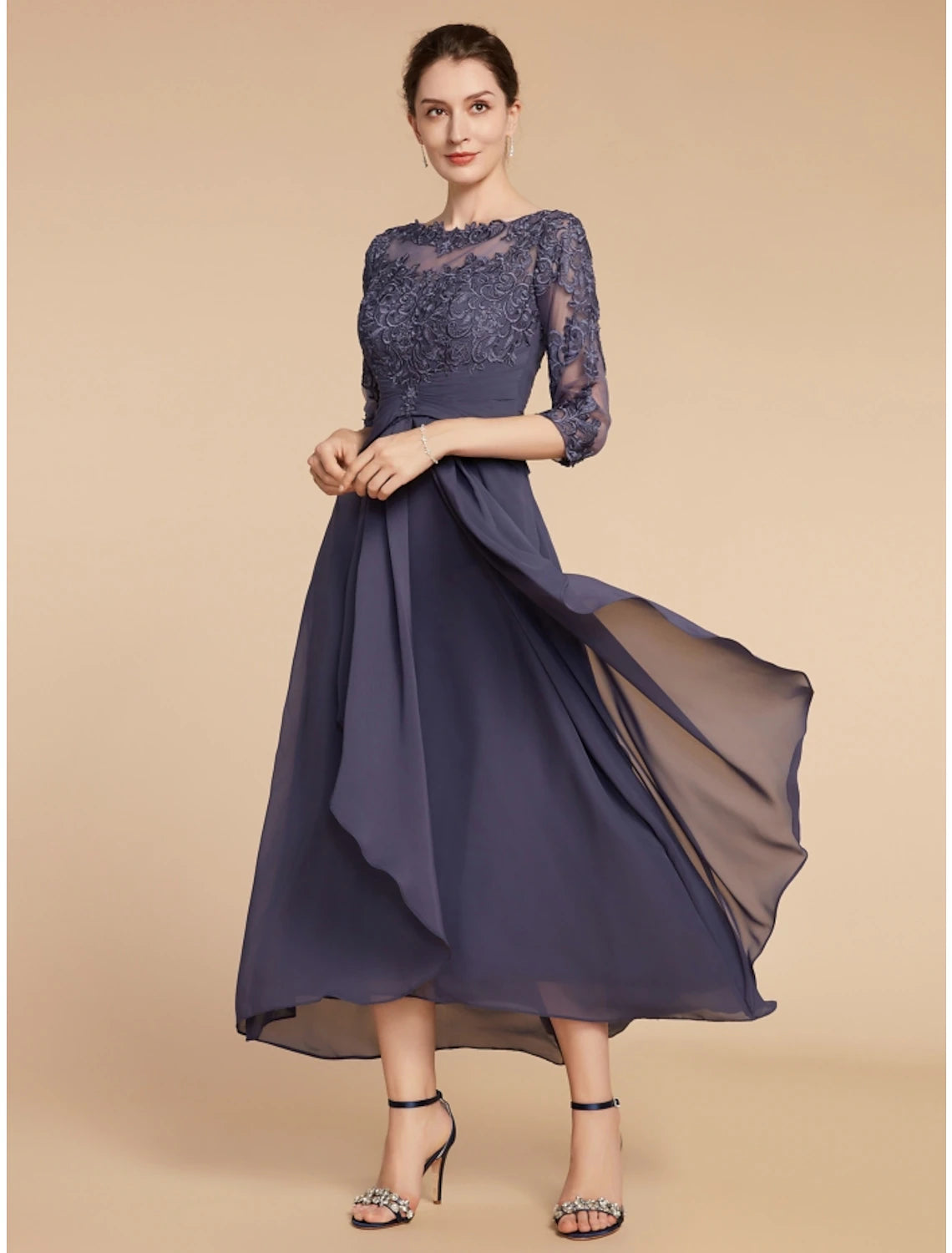A-Line Mother of the Bride Dress Wedding Guest Elegant Scoop Neck Ankle Length Chiffon Lace 3/4 Length Sleeve with Ruching