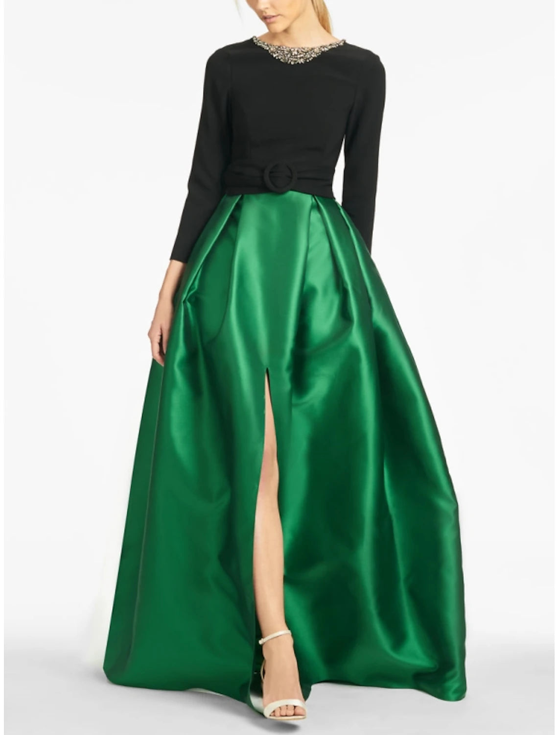 A-Line Evening Gown High Split wedding guest Dress Formal Fall Floor Length Long Sleeve color contrast Jewel Neck Satin with Crystals