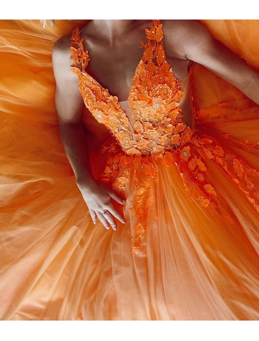 A-Line Prom Dresses Cut Out Dress Engagement Sweep / Brush Train Sleeveless V Neck Tulle Backless V Back with Appliques