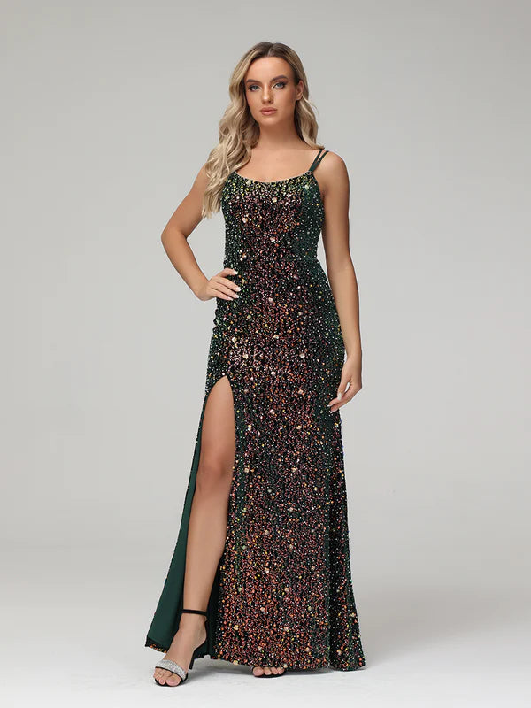 DingJiDress Luxury Spaghetti Strap Crisscross Back Sheath Prom Dresses