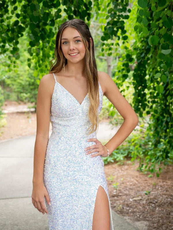 DingJiDress Spaghetti Strap V Neck Velvet Sequin Prom Dresses