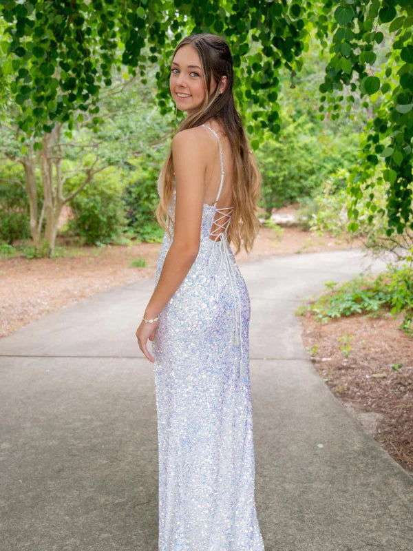 DingJiDress Spaghetti Strap V Neck Velvet Sequin Prom Dresses