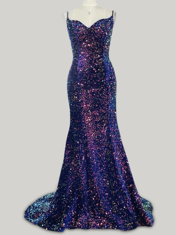 DingJiDress Mermaid Spaghetti Straps Long Sweep Train Velvet Sequin Prom Dress