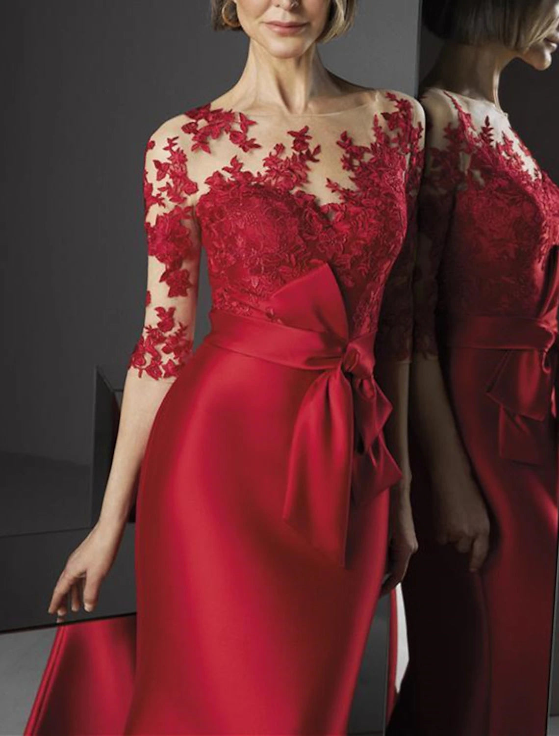 Mermaid Evening Gown Elegant Dress Red Green Dress Floor Length 3/4 Length Sleeve Illusion Neck Fall Wedding Guest Satin with Appliques