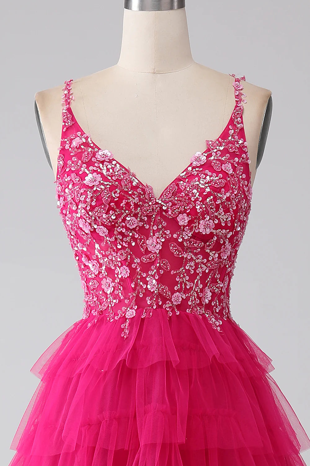 DingJiDress Fuchsia Princess A-Line Spaghetti Straps Sequin Tiered Long Prom Dress with Slit