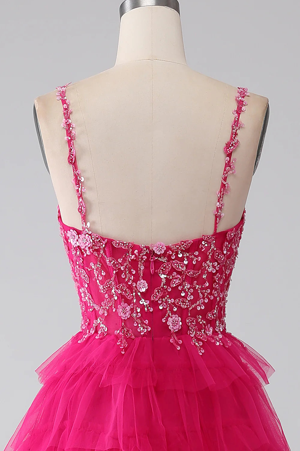 DingJiDress Fuchsia Princess A-Line Spaghetti Straps Sequin Tiered Long Prom Dress with Slit