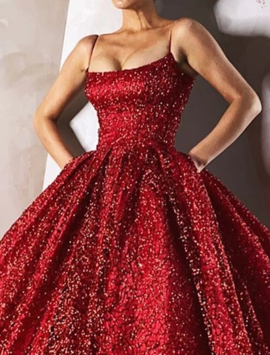 Ball Gown Evening Dress Glittering Luxurious Dress Engagement Wedding Dress Sparkly Floor Length Sleeveless Spaghetti Strap Satin with Tiered