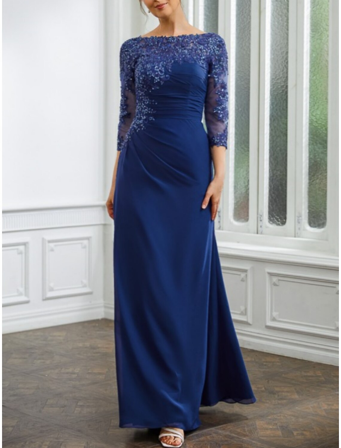 A-Line Mother of the Bride Dress Wedding Guest Elegant Scoop Neck Ankle Length Chiffon Half Sleeve with Lace Ruching
