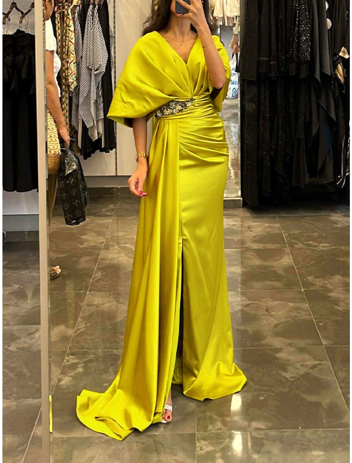 Sheath / Column Evening Gown Elegant Dress Formal Christmas Sweep / Brush Train Half Sleeve V Neck Satin with Pleats Ruched Crystals