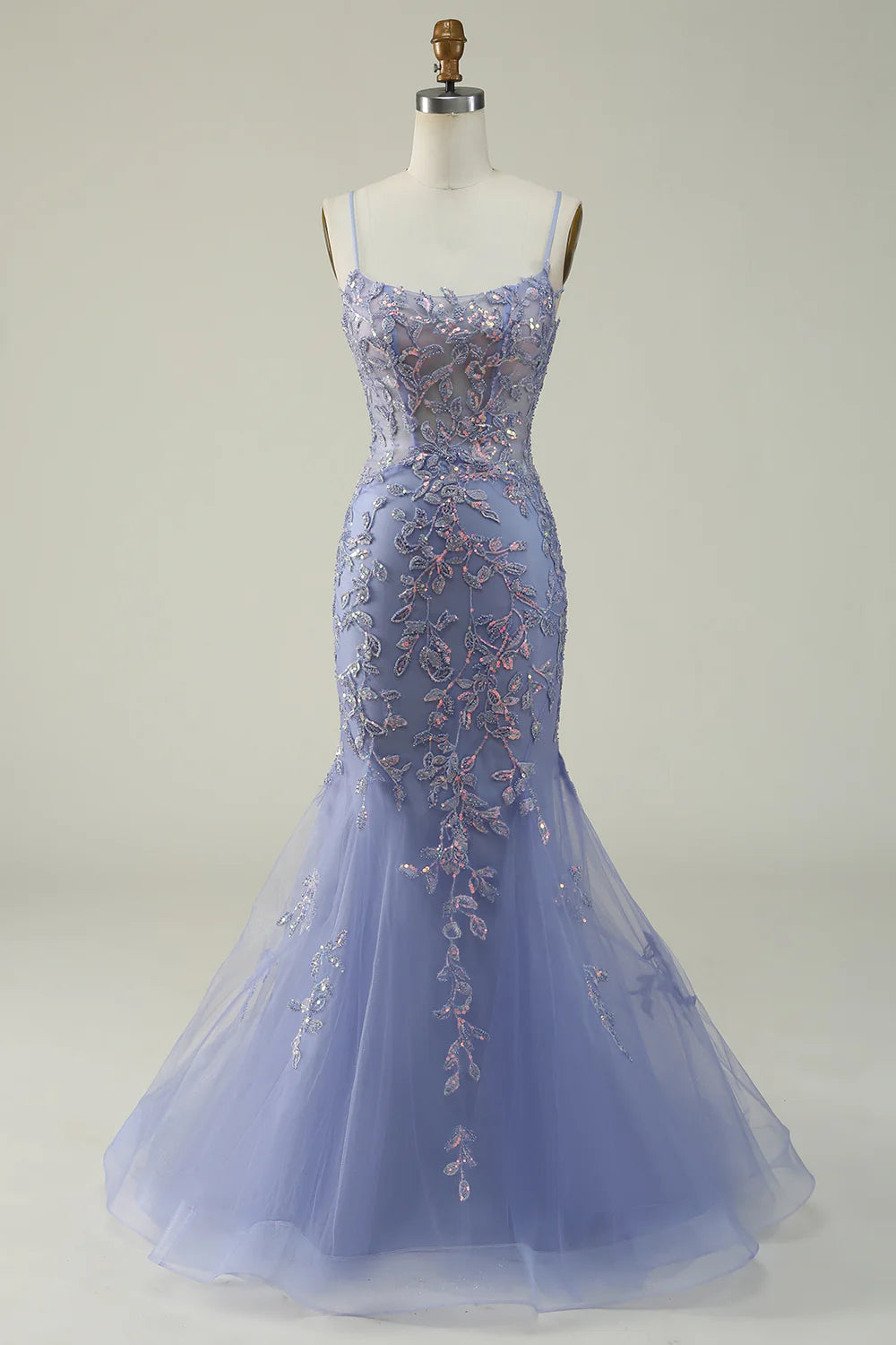 DingJiDress Purple Spaghetti Straps Tulle Long Prom Dress With Appliques
